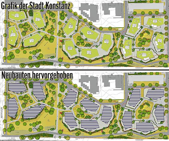 Alles grün im Bücklepark? So sieht es auf einer Grafik der Stadt Konstanz aus. Ein ordentlicher Teil der Fläche sind allerdings Gebäude. ...