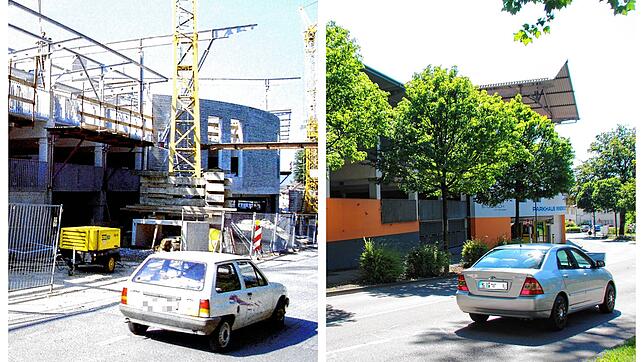 Links das Parkhaus während seiner Bauphase Ende der 90er Jahre, rechts das Parkhaus im August 2022.
