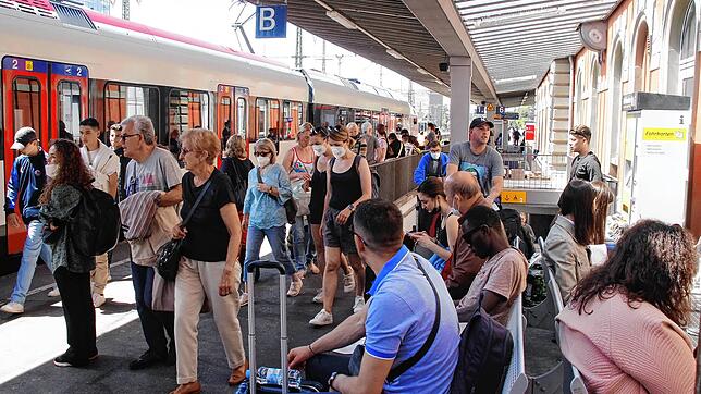Am Samstag vor Pfingsten nutzten zahlreiche Reisende das Neun-Euro-Ticket für einen Ausflug: Auf dem Bahnhof in Singen drängten sich ...