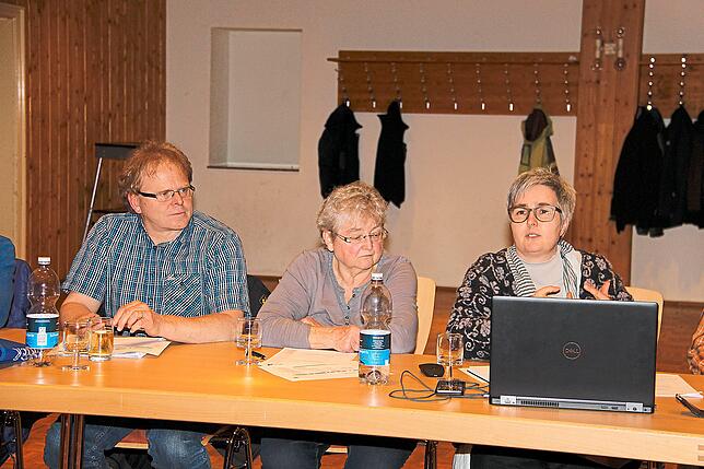 Anja Finkbeiner (rechts) informiert die Ratskollegen und das Seelsorgeteam über den Flügel, der dem Kirchenchor gehört. Links von ihr ...