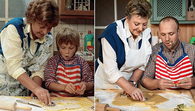 Exakt 27 Jahre liegen zwischen diesen beiden Fotos: Helga (Marie-Luise Marjan) und Klaus (Moritz A. Sachs) Beimer beim weihnachtlichen ...