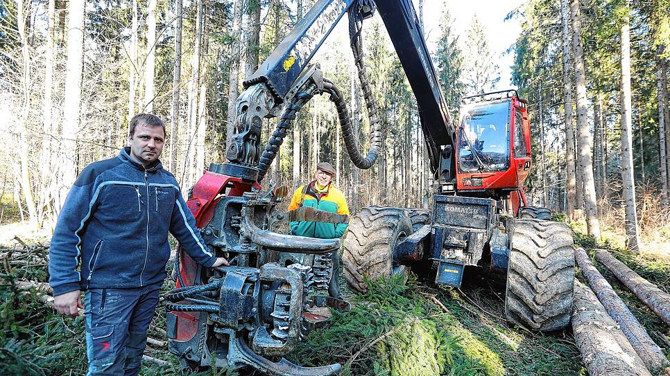 Michael Kleiser aus Unterbränd, pilotiert den Harvester am Schellenberg. Daneben Jens Borchers, Leiter der Forstbetriebe Fürst zu ...