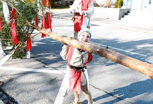 Bild 23: Mit einem kräftigen Hau Ruck wird der Narrenbaum in Position gebracht