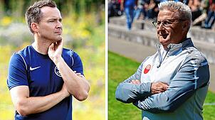 Trainer Stefan Pröhl (links) empfängt am Samstag im Welschinger Stadion den FC Singen 04 mit Trainer Ingo Kastler (rechts) zum ...