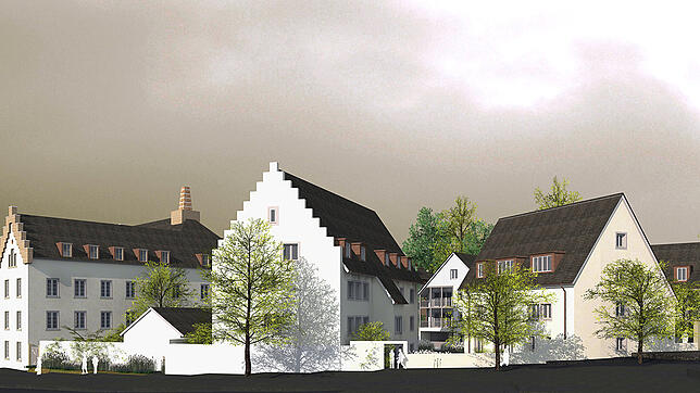 So soll es aussehen: eine Ansicht der Schlosshöfe von der Durchgangsstraße her, links im Bild das alte Schloss. Das Gebäude mit dem ...