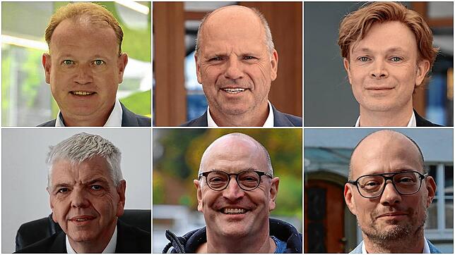 Die Kandidaten, oben, von links: Jan Zeitler, Martin Hahn, Dennis Michels. Unten, von links: Olaf Wübbe, Thomas Hildebrandt, Felix Strenger.