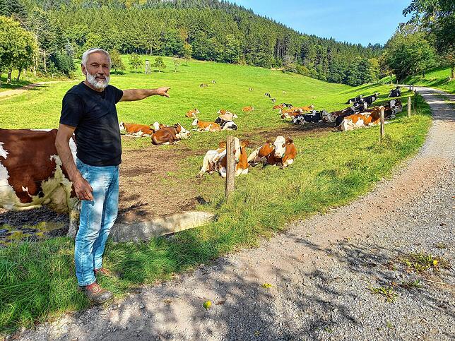 Eckhard Schmieder zeigt auf die Lieblingsweide seiner Rinder, direkt hinter dem Hof. Die übrigen Weiden seines Hofes sind teils weit vom ...
