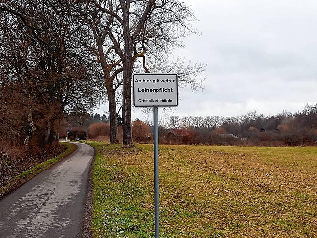 An der Roggenbachstraße steht das Schild zur Leinenpflicht erst einige hundert Meter nach Beginn der Straße an der Wiese.