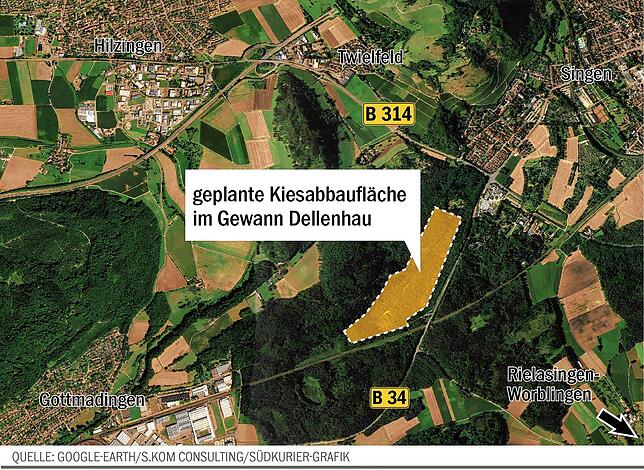 Der geplante Kiesabbau auf dem Lageplan.