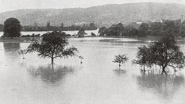 Die Felder und Wiesen versanken beim Hochwasser 1910 in Waldshut.