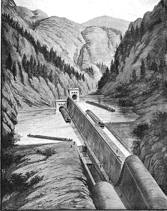 Durch Röhren und Kanäle über den Splügenpass: Visionäre Zeichnung des Kanalprojektes des italienischen Star-Wasserbauers Pietro Caminada ...