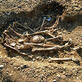 Jüngst fand das Grabungsteam eine Grube mit drei Skeletten übereinander direkt zwischen den Fundamenten der Pfeiler des Galgens. Hier ...