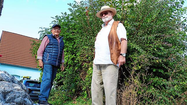 Anwohner Werner Tholey (links) und Stadtrat Hermann Zorbach stehen vor der wuchernden Grünfläche an der Straße &bdquo;Im Winkel&ldquo;. ...