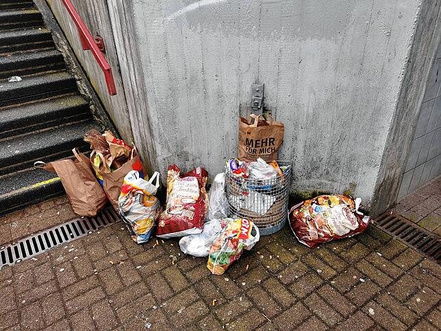 Hausmüll haben Unbekannte neben den Mülleimer bei der Unterführung in Tiengen heimlich entsorgt.