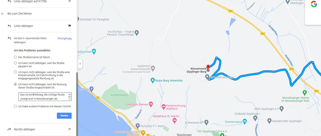 So sieht es aus, wenn man Google den Navi-Fail meldet.
