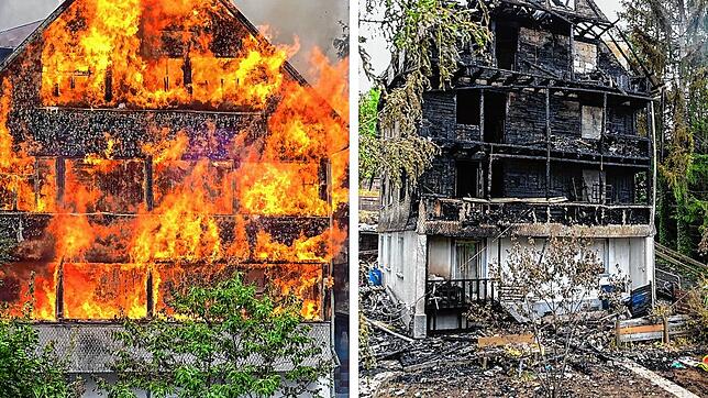 Die Südseite des Hauses an der Bundesstraße bei St. Georgen ist am Tag nach dem Brand komplett verkohlt.