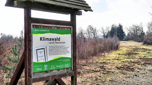 Das hier ist Klimawald: Hinweisschild am Land Fleesensee in Mecklenburg-Vorpommern. Die Bäume sind im zeitigen Frühjahr noch kahl.