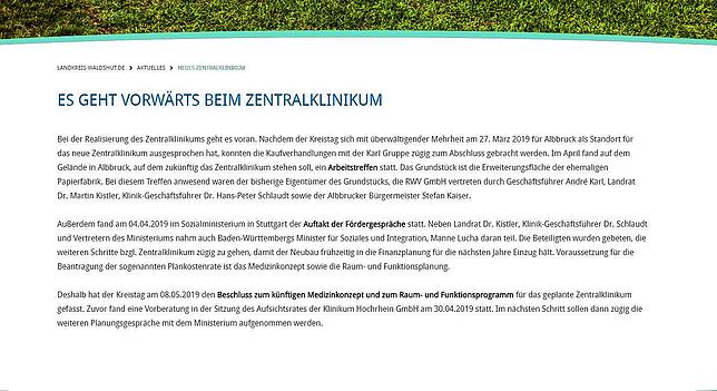 Screenshot vom 25. Februar 2020: Auf der Internetseite des Landkreises Waldshut ...