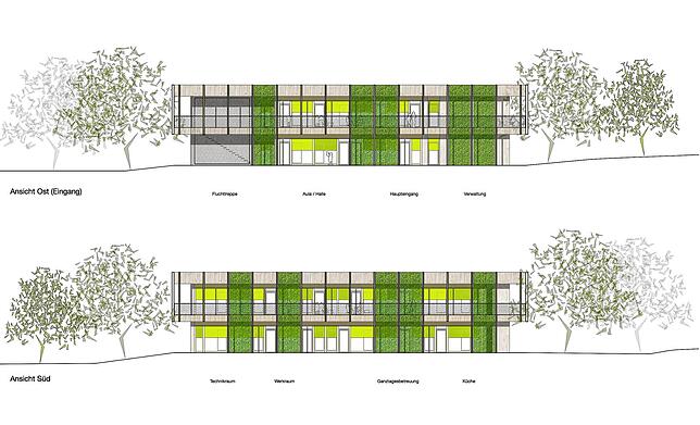 Die Fassade der neuen Grundschule von Frickingen in der Seitenansicht.