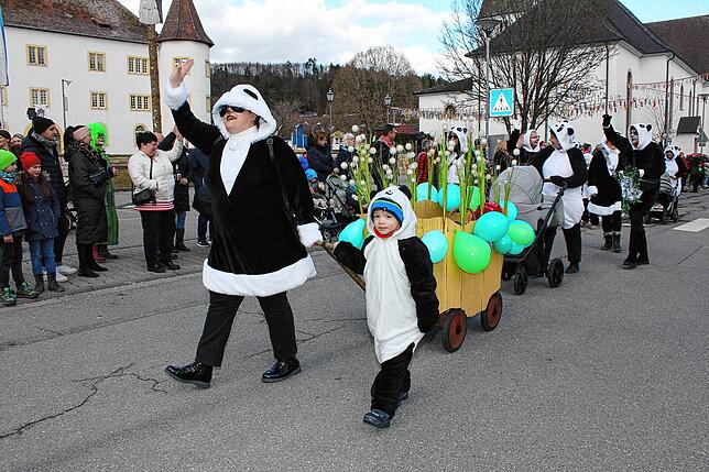 Große und kleine Pandas und ihre Fahrzeuge bevölkern beim Immendinger Kärrelerennen die Straße vor dem Rathaus.