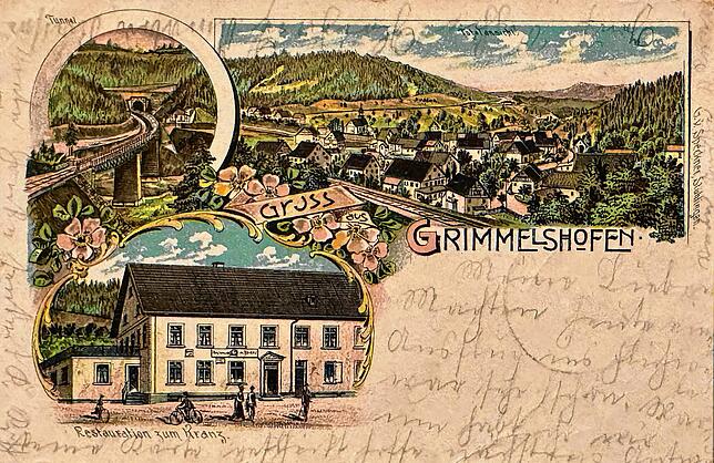 Postkarte von Grimmelshofen mit Teilansichten von Kranz und Tunnel.
