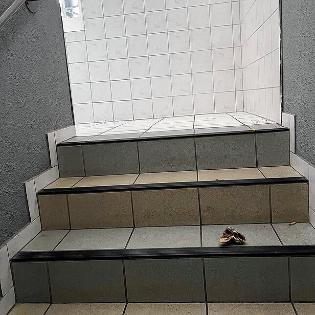 Überall liegt Müll im Hausflur.