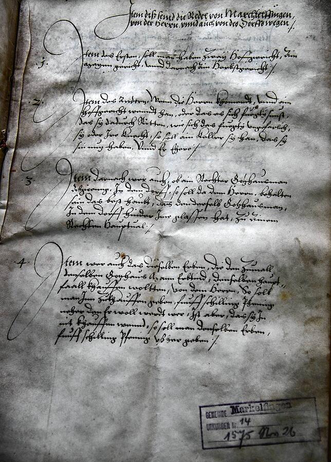 Eine Sammlung von Ortsrechten aus Markelfingen von 1575.