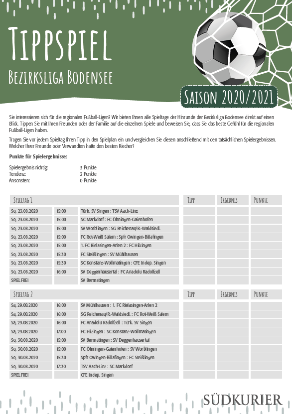 Die Tippspiel-Vorlagen für die Bezirksligen Bodensee, Hochrhein und Schwarzwald sowie für die Landesliga Staffel 3 finden Sie in der ...