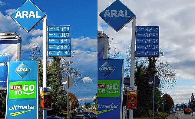 Die Spritpreise an der Aral-Tankstelle in Rheinfelden am Abend vor Ende des Tankrabatts (links) und am Morgen danach.