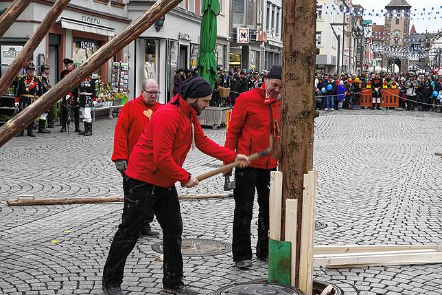 Jetzt steht er, der Narrenbau und muss nun nur noch präzise ausgerichtet und gesichert werden.