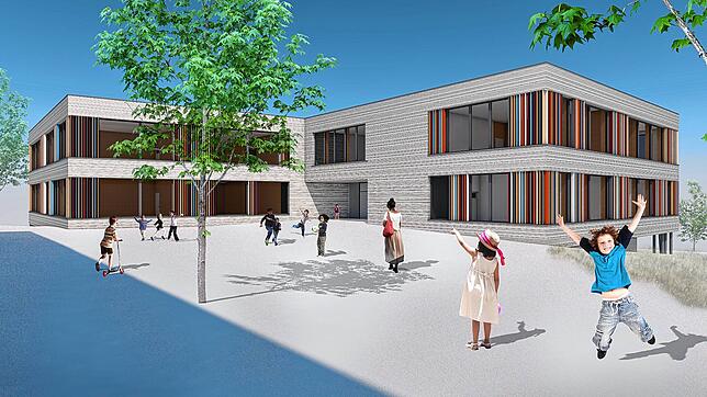 Ein Blick auf den ersten Bauabschnitt des Schulcampus Blumberg, Ansicht vom alten Eichbergschulgebäude aus gesehen.