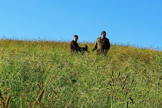 Mit der Kitzdrohne wird im Juni 2022 ein Tier auf der Wiese bei Urnau geortet. Die Jäger Florian Beck (links) und Michael Kurz bergen ...