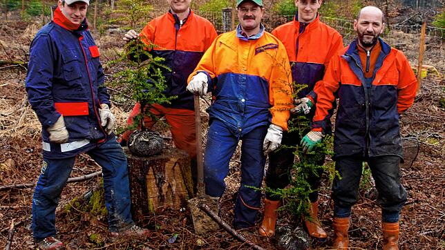 Die Jestetter Forstwirte Karlheinz Schaub, Peter Dötzel, Thomas Mathis, SImon Boll und Karlheinz Schaub im März 2009 beim Pflanzen der ...