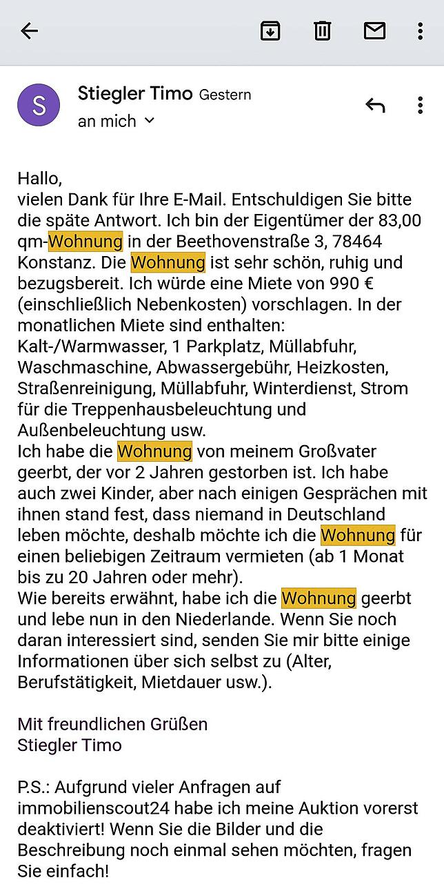 Bild 2: Betrügerische Konstanzer Wohnungsangebote in Immobilien-Portalen: Zwiegespräch mit einem Wohnungsbetrüger – und was die Polizei dazu sagt