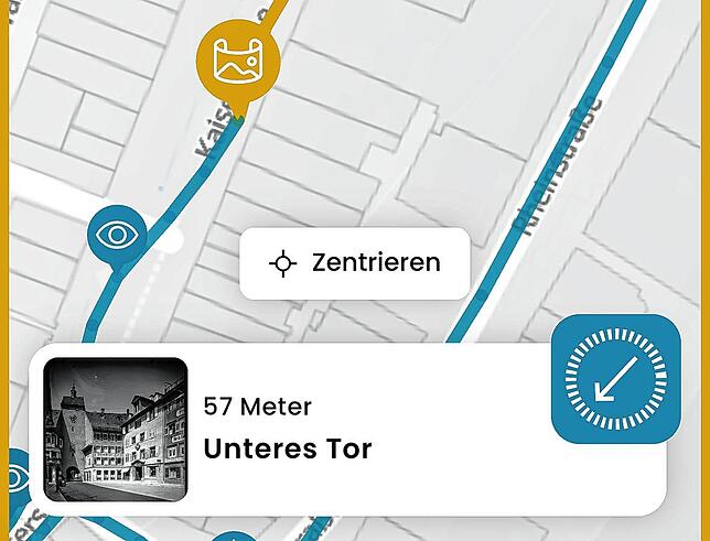 Screenshot aus der Zeig-Mal-App: Der kleine Stadtplan zeigt stets an, wo man sich befindet und gibt Meldung, sobald es etwas zu ...