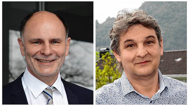 Die beiden Podiumsgäste: Der amtierende OB Bernd Häusler (links) und sein Herausforderer Helmut Happe.
