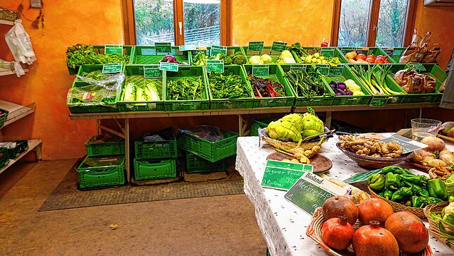 Im Hofladen des Eulenhofs gibt es eine große Auswahl an Gemüse und Obst. Aber auch einige Kühlprodukte und Säfte sind im Sortiment.