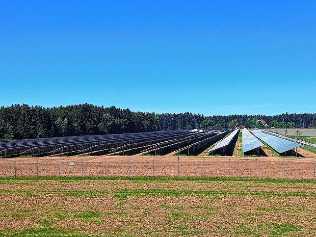 Blick auf den Solarpark von Osten, im Hintergrund die Häuser der Spitalhöfe 11 und 12.