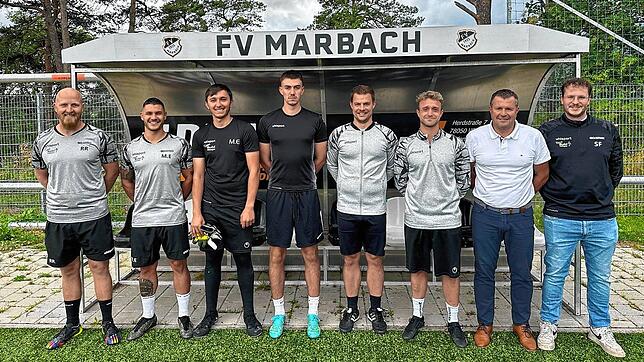 Die Neuzugänge und Trainer der SG Marbach/Rietheim: (von links) Cheftrainer René Riegger, Co-Trainer Marco Effinger, Sinan Kavus, Tim ...