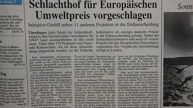 Von der Nominierung der Schlachthofinitiative für den Europäischen Umweltpreis berichtete der SÜDKURIER am 7. November 1994
