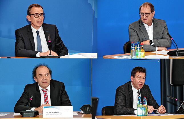 Landrat Sven Hinterseh, (links oben), VS-OB Jürgen Roth (rechts oben), Jochen Früh, Leiter des Gesundheitsamts im Kreis (links unten), ...