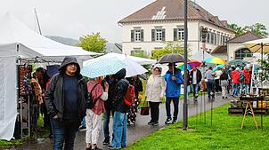 Trotz des Regens sind am ersten Tag der Sommeraugenweide gut gelaunte Besucher unterwegs.