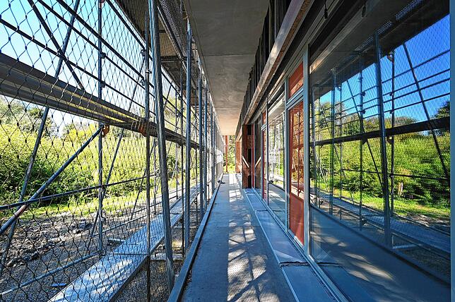 Ein Fluchtbalkon auf der Südseite des Gebäudes sichert die Fluchtmöglichlkeiten bei Notfällen. Der Maschendrahtzaun auf der linken ...