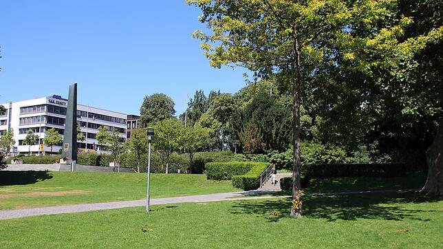 Das Herzstück des Uferparks mit dem Zeppelin-Denkmal heute: Der Blick hinauf zur Friedrichstraße wird zumindest im Sommer von viel Grün ...