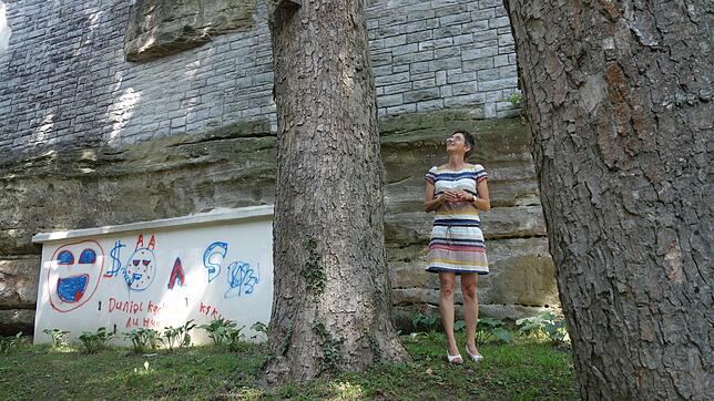 Edith Heppeler, Geschäftsführerin der Landesgartenschau (LGS), zeigt, wo 2020 Skulpturen in den Bäumen und Bilder statt Graffitis zu ...