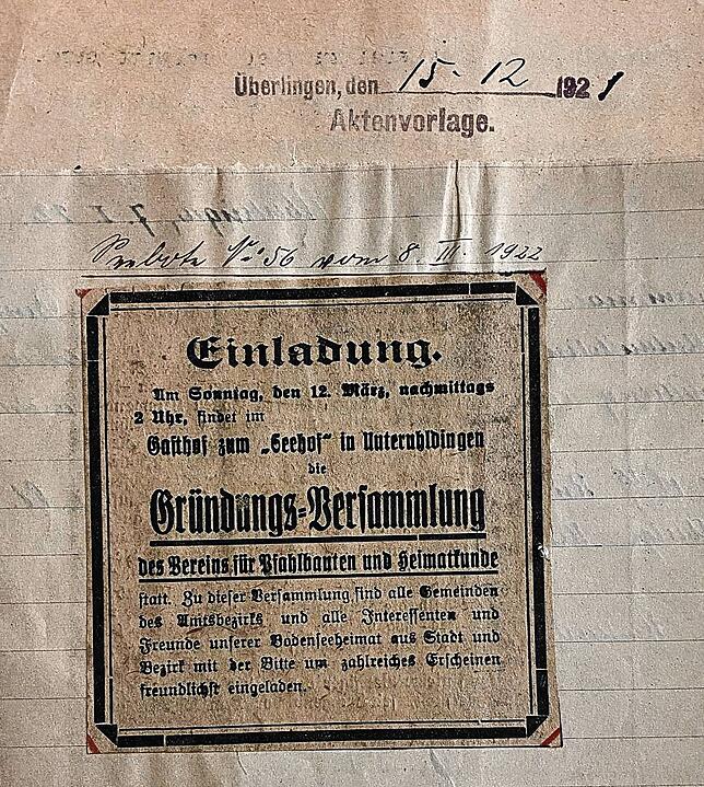 Einladung zur Gründungsversammlung des Vereins für Pfahlbauten und Heimatkunde, abgedruckt am 8. März 1922 im „Seeboten“.