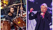 Links ist Helloween-Schalgzeuger Daniel Löble im Proberaum zu sehen. Rechts Matthias Reim