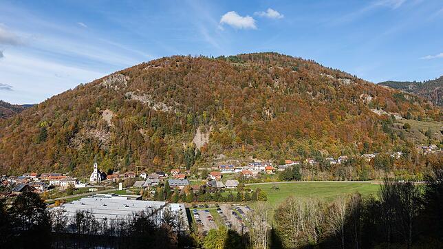 Der betroffene Berg, die Geschwender Halde. Am Fuß die teilweise evakuierten Häuser.