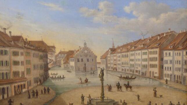 Bodensee Hochwasser 1817: Der höchste Pegelstand am 7. Juli 1817 soll 6,36 Meter betragen haben. Das Bild von Nikolaus Hug zeigt die ...