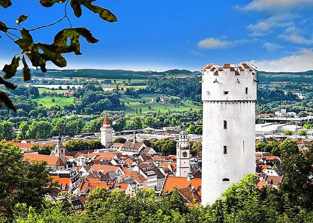 „Die Stadt der Türme und Tore“ – so wird Ravensburg auch genannt. Das Bild zeigt einer der berühmtesten Ravensburger Türme: Den Mehlsack.